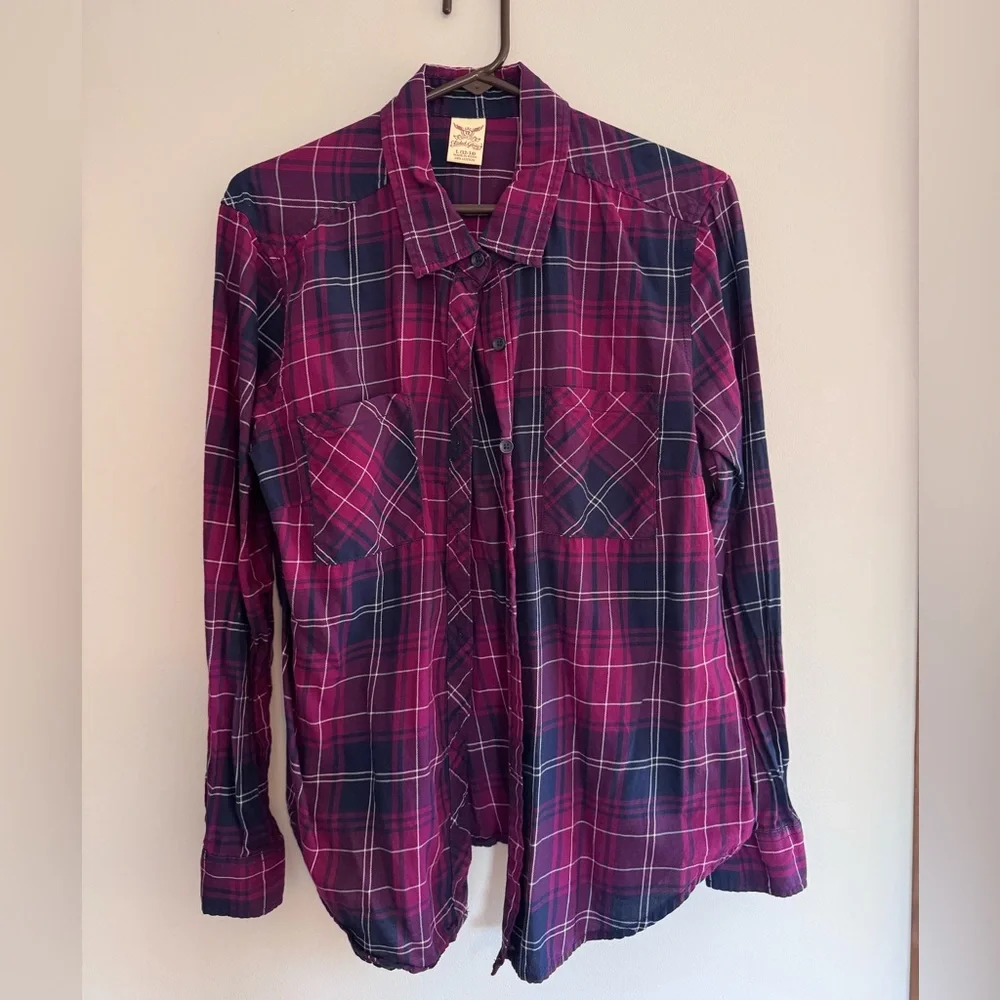 Set of 3 - Faded Glory Burgundy Plaid Shirt L Womens 12-14 - Picture 2 of 10